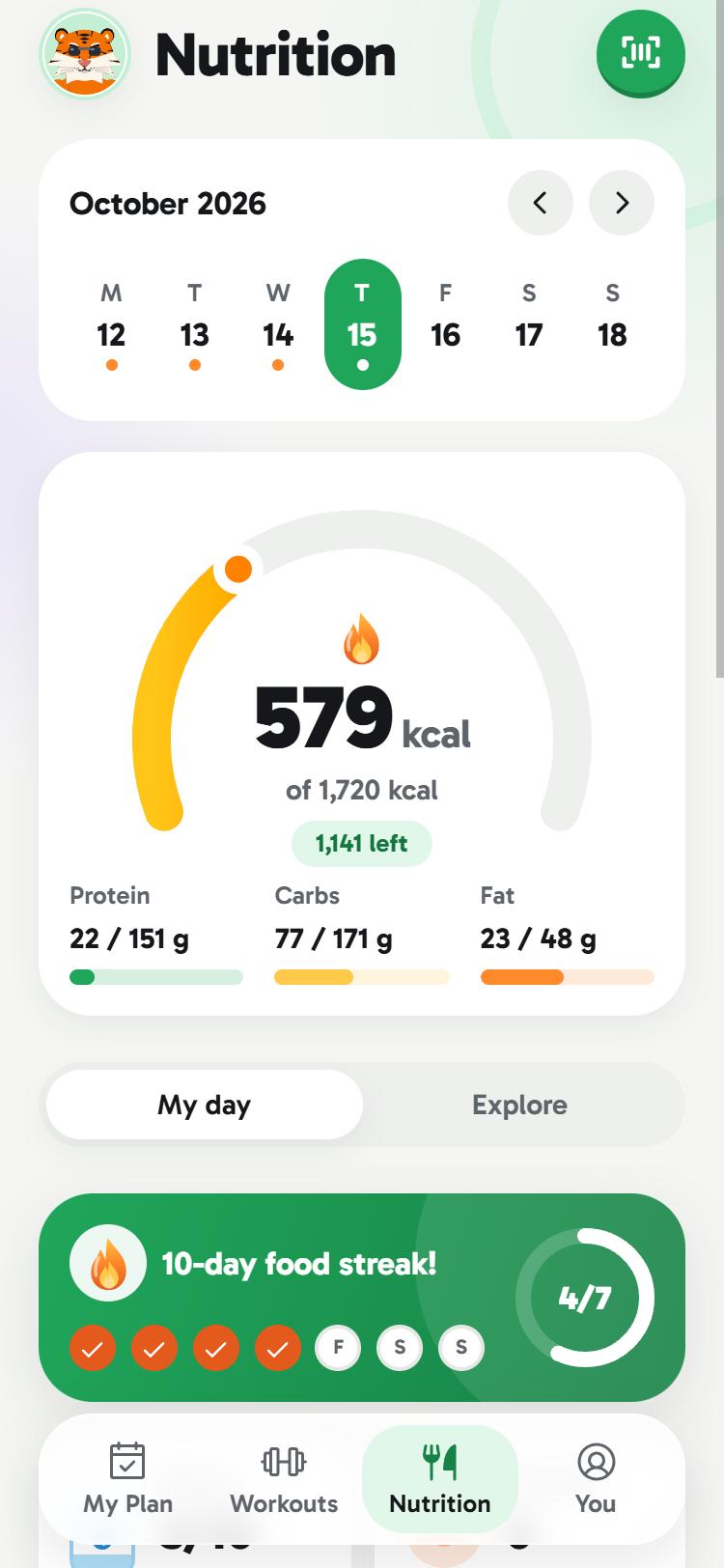 Nutrition: the day's calories against the goal, protein, carbs and fat, and a food streak.