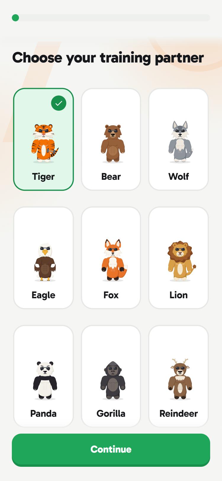 Choose your training partner: tiger, bear, wolf, eagle, fox, lion, panda, gorilla and reindeer.