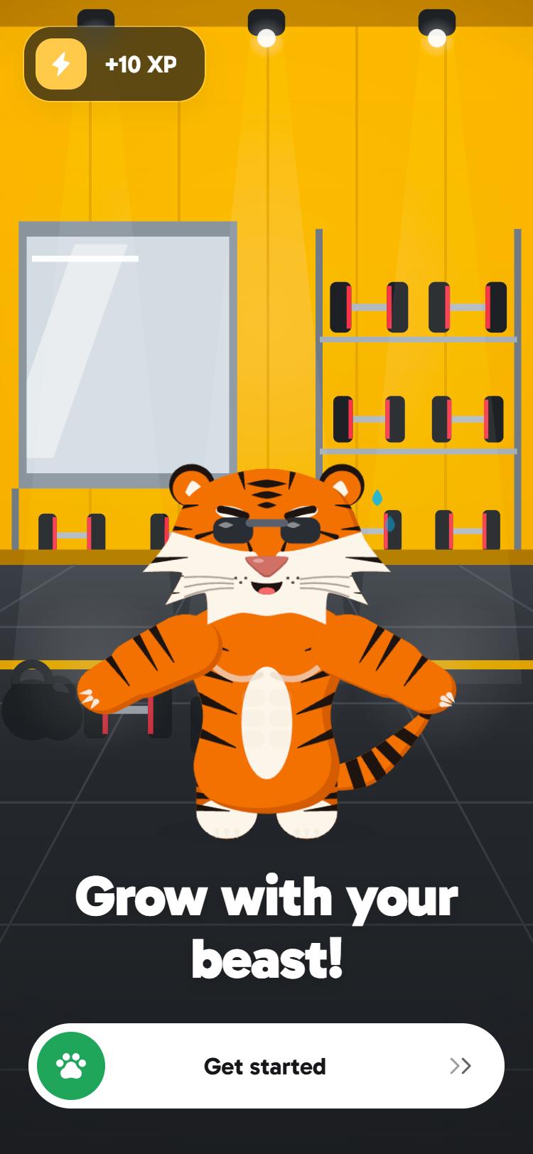 The welcome screen: a tiger in sunglasses flexing in a yellow gym, with Grow with your beast and Get started.